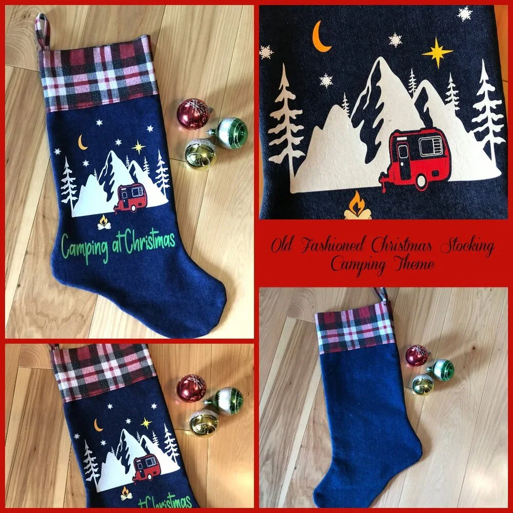 Handmade Denim Christmas Stocking, Mountains Cabin Decor Camping Fishing M-L